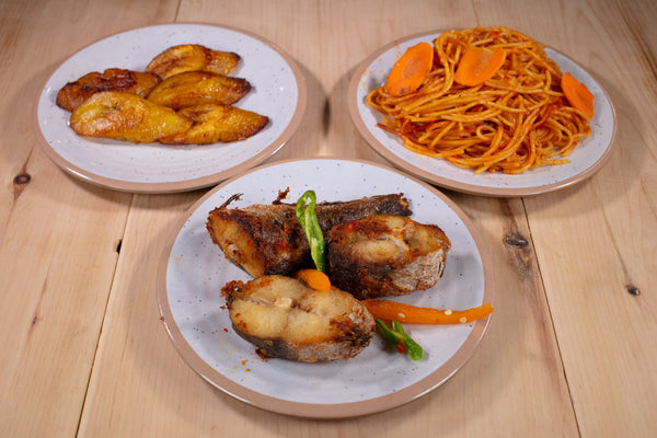 Jollof Spaghetti with Fried Stewed Fish