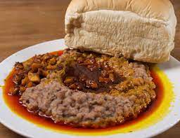 Beans (Ewa Agoyin) with plantain/bread and fried beef