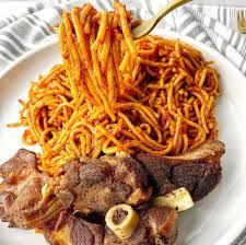 Jollof Spaghetti with Goat Meat