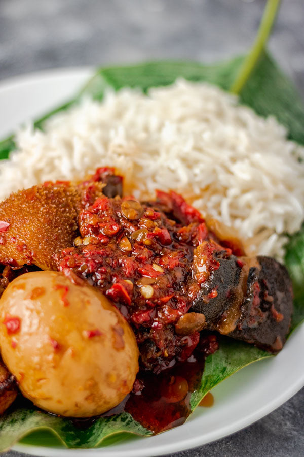 White Rice with Ofada Assorted Beef Soup